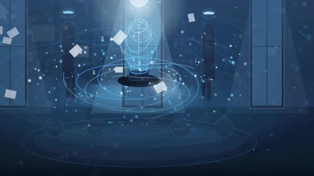 Futuristic Science Laboratory with Holographic Human Projection and Rotating Digital Rings