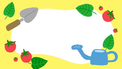 Gardening frame with tomatoes, leaves, trowel and watering can on yellow background © Perdani