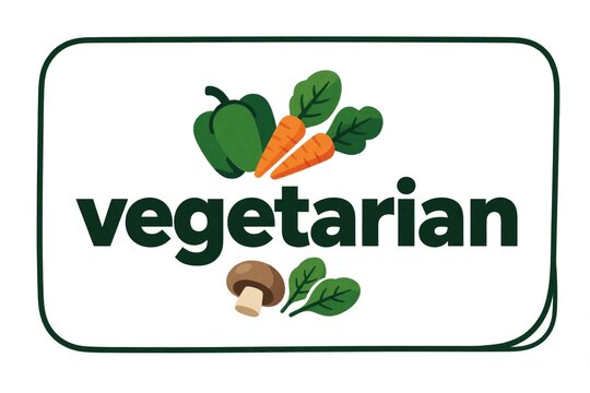 Vegetarian food logo design featuring fresh vegetables. Green bell pepper, orange carrots, leafy greens, brown mushroom surround text. Organic icon represents healthy eating, vegan lifestyle,