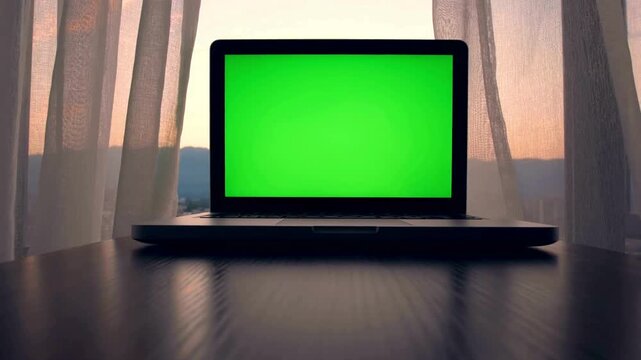 Laptop with green screen chroma key display on a desk near window at sunset