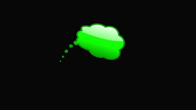 Bright green thought bubble animation with glossy effect and dotted trail on black background... cloud