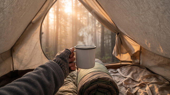 Camper holding steaming coffee inside a forest tent during golden morning light, expressing relaxation, camping, nature, and outdoor adventure.
