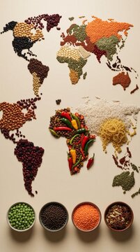 World map composed of dry food ingredients like beans grains spices vegetables. Different dry products form continents on beige table background. Culinary creative art project shows global food