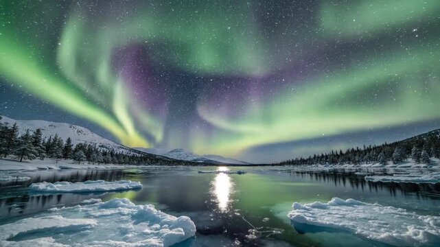 Vibrant green and purple Aurora Borealis dancing over a serene, icy lake surrounded by snow-covered mountains and a dark winter forest under a starry night sky.