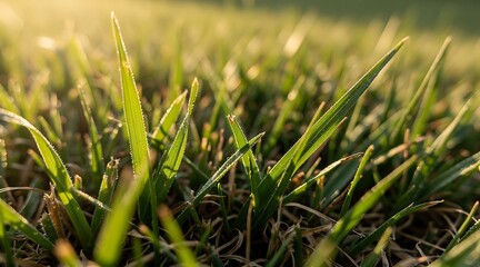 Obraz premium Macro Close-Up of Fresh Green Grass Blades with Sparkling Morning Dew Drops in Golden Sunrise Light