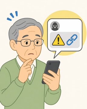 Senior man cyber security concern for phishing warning on mobile phone with suspicious link and alert icon