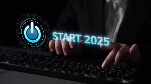 Start 2025 concept with futuristic power button symbolizing fresh beginnings, innovation, and digital transformation. Start 2025, new goals, and start 2025 initiative. Muxer