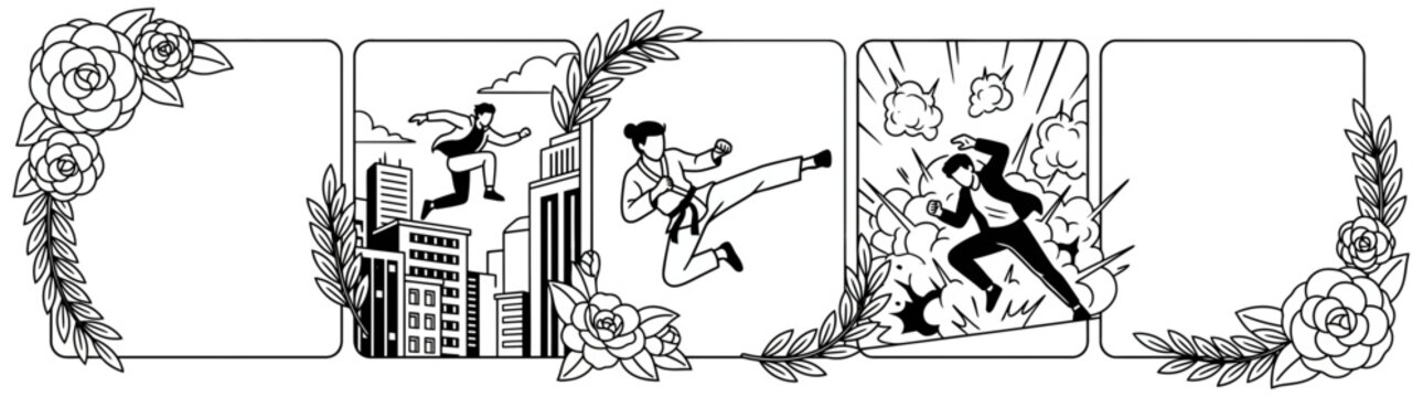 Professional Vertical Storyboard Layout 2026 featuring Action Scenes and Floral Borders Vector Illustration