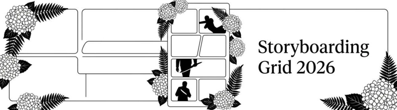 Professional Vertical Storyboard Grid Layout 2026 with Floral Accents and Action Silhouettes