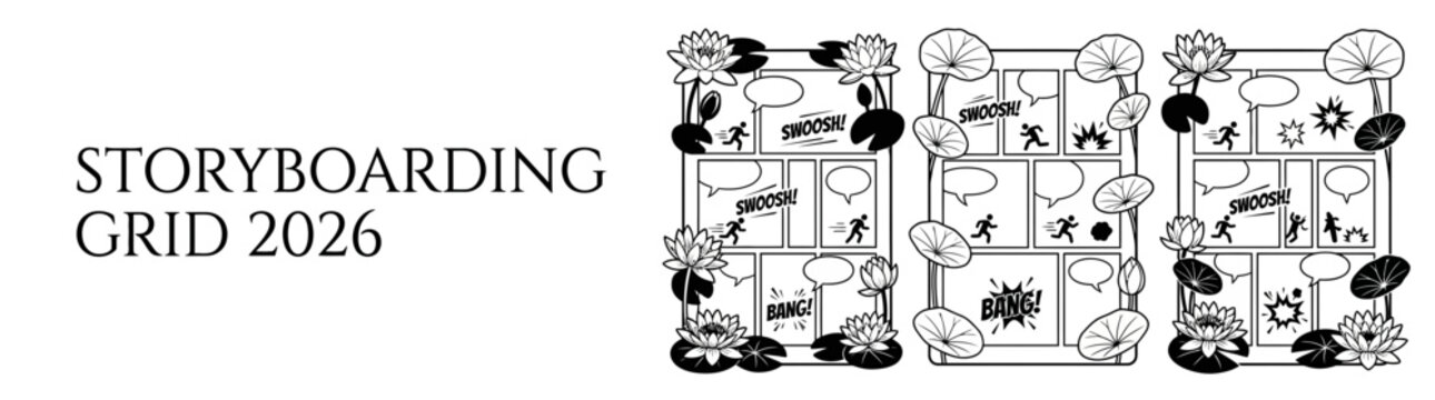 Professional Vertical Storyboard Layout 2026 with Floral Lotus Decoration for Comic Book Planning