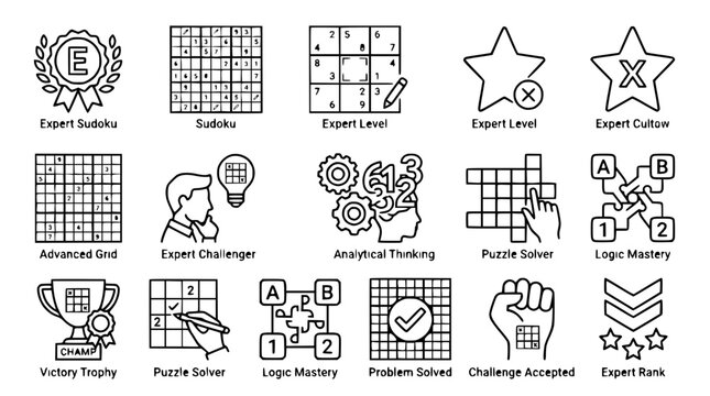 Brain Teaser Icons: Sudoku, Logic, Puzzle, Challenge, Victory, Expert Rank