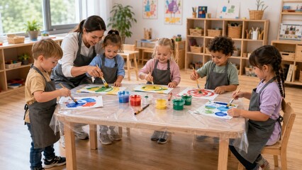 Obraz premium Preschool Teacher Guiding Diverse Children During a Colorful Painting Activity