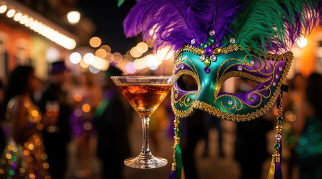 Colorful Mardi Gras mask with purple feathers, gold trim stands next to elegant cocktail glass. Blurred partygoers celebrate at night street festival. Vibrant carnival atmosphere with festive lights,