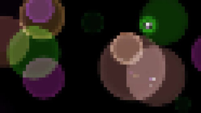Pixelated floating bokeh circles on black
