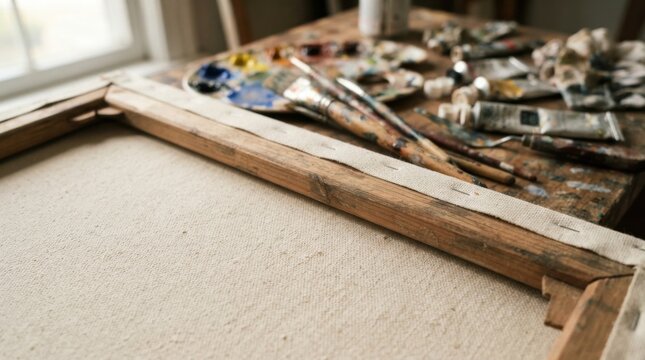Artist's studio setup with blank canvas, paint tubes, and brushes on wooden table