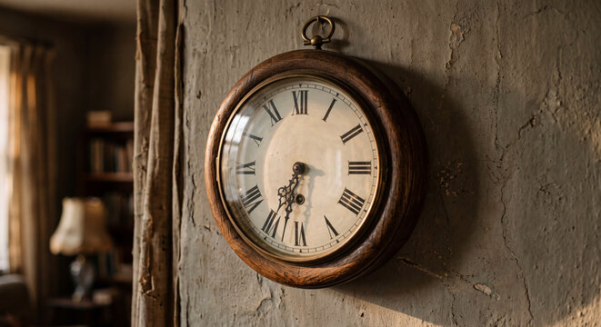 Vintage round wooden wall clock with Roman numerals hanging on weathered plaster wall