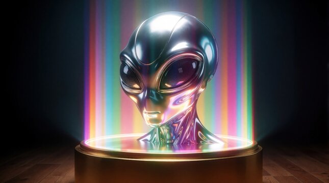 Metallic chrome alien head stands on golden pedestal. Colorful neon light beams shine behind shiny extraterrestrial face. Sci fi digital art shows modern abstract creature sculpture. Futuristic space