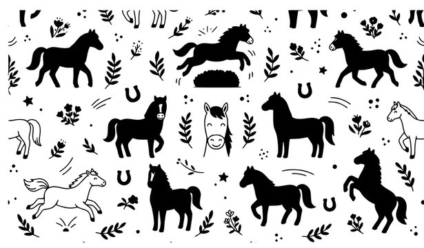 Seamless Horse Pattern Vector with Decorative Equine Motifs for Textile Graphic and Web Design