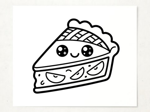 Cute cartoon apple pie slice with a happy face for coloring book page