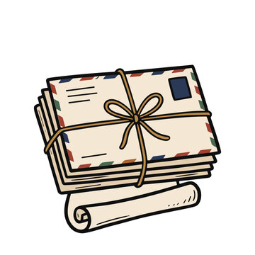 A stack of vintage airmail letters tied with string and a rolled-up parchment below.