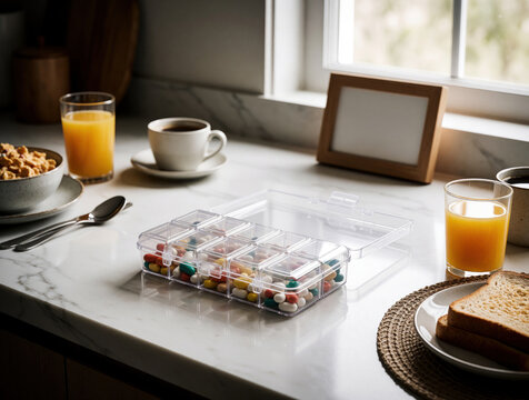 Clear plastic pillbox organizer filled with colorful capsules, tablets sits on kitchen counter beside breakfast items. Morning routine implies daily medication dosage management for health, wellness.