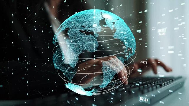A conceptual image showcasing a digital globe with data visualization elements overlaid on a keyboard, emphasizing connectivity and modern technology in an office setting. Xenic