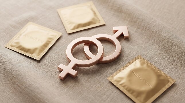 Interlocking gender symbols with foil condom packets on beige linen fabric
