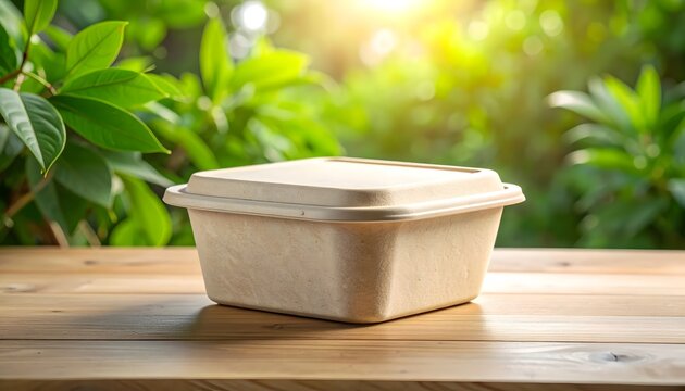 Blank biodegradable paper food container mockup sitting on a wooden picnic table under bright sunlight.
