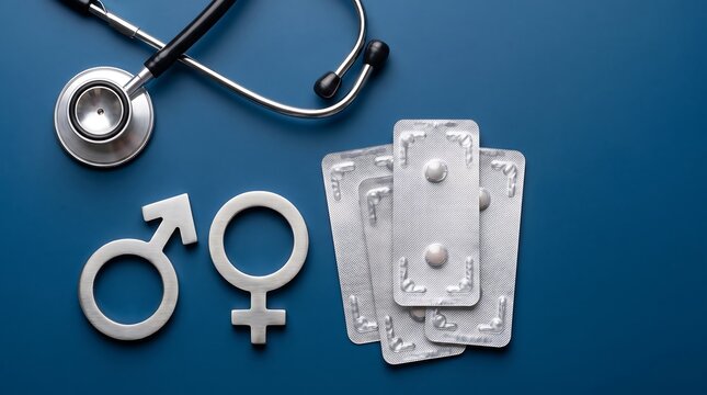 Male and female gender symbols with contraceptive pill blister and stethoscope on blue background