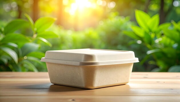 A blank square eco-friendly paper takeout container sitting on a wooden table in a sunny green garden.