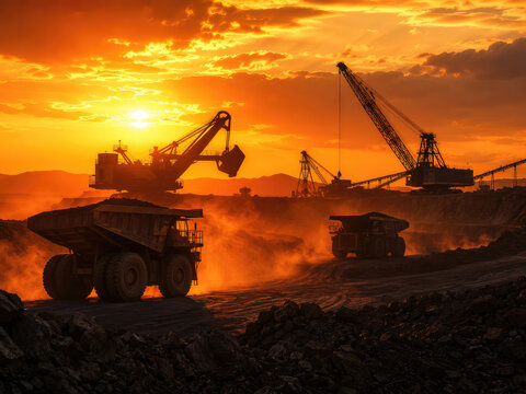Open Pit Mining Operation with Heavy Machinery at Dramatic Sunset