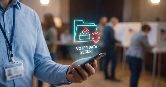 Digital security concept showing holographic voter data protection icon on smartphone held by polling station worker in voting room setting