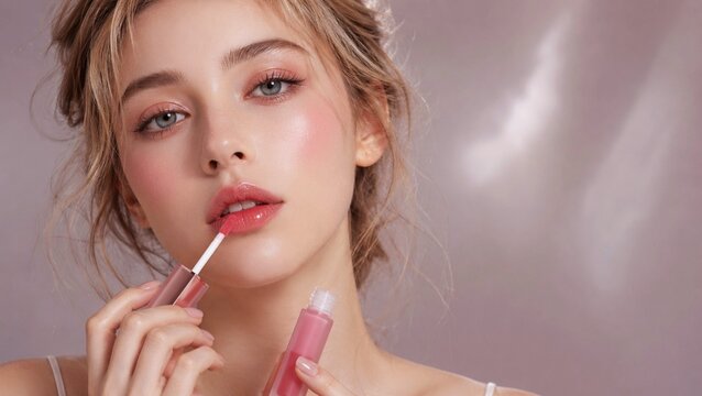 Woman applying rose pink hydrating lip tint glossy juicy lips dewy K-Beauty bloom makeup luxury beauty hero banner copyspace