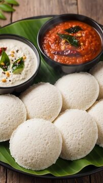 A traditional South Indian breakfast of steamed idli cakes served with coconut and tomato chutneys.