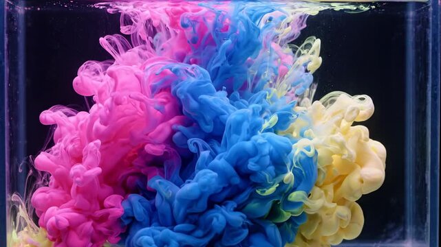 Colorful ink clouds swirling and exploding in water, abstract fluid dynamics, pink, blue, yellow clouds, dark background