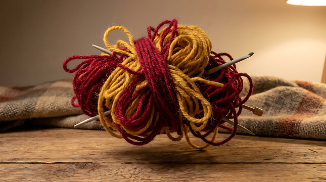 Tangled skeins of red and yellow yarn with knitting needles on a wooden surface