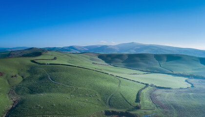 Fototapeta premium Serene Rolling Hills Landscape with a Clear Blue Sky and a Winding Road