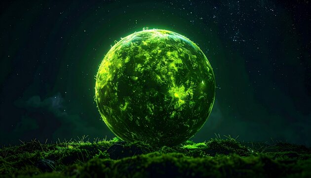Glowing Green Mystical Sphere Night Forest Scene