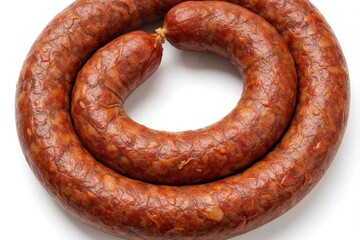Fototapeta premium Spiral shaped chistorra adobada sausage lies on white background. Spicy pork meat product features reddish color, coarse texture. Traditional Spanish food item perfect for tapas platter gourmet meat