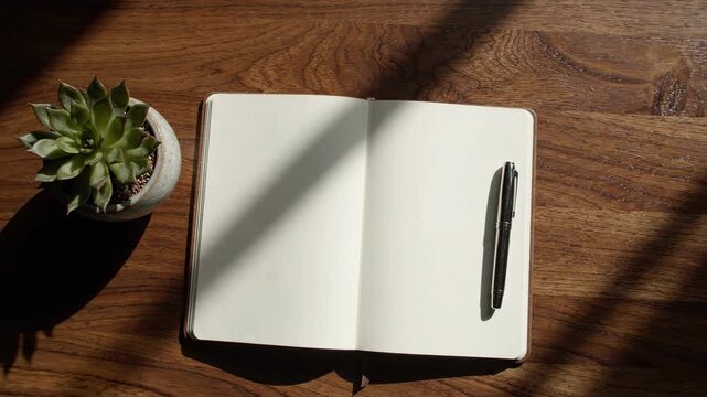 Overhead shot of an open blank notebook with a pen and a small potted succulent on a wooden desk, bathed in warm sunlight casting dramatic shadows, ideal for journaling or planning concepts