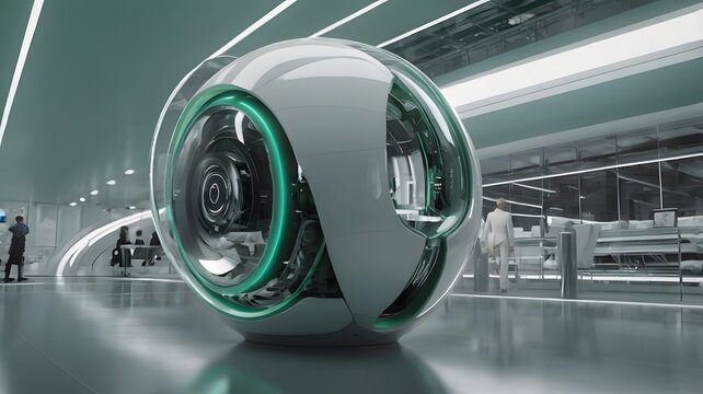 White spherical autonomous AI drone pod in a futuristic clean corridor