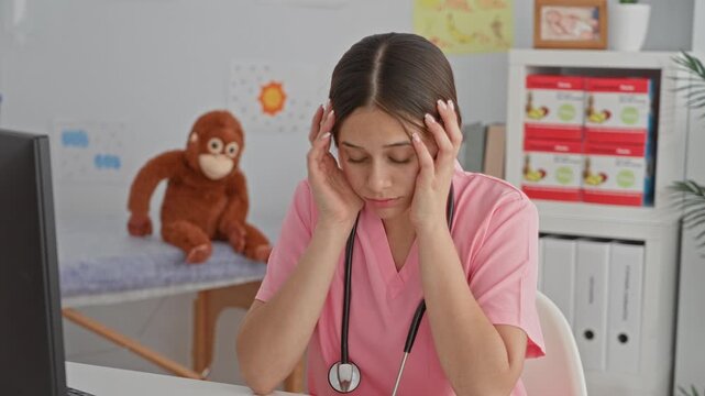 Woman doctor holding head with hands, stethoscope visible in pediatric building; compassion fatigue.