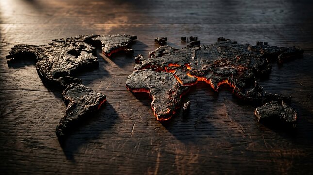 Burnt world map made of charcoal pieces with glowing red embers on a dark wooden table background