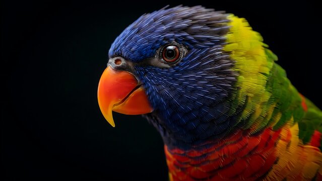 Portrait of a colorful rainbow lorikeet bird with vibrant blue, yellow, green, and red feathers on black background