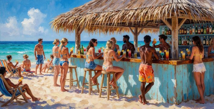 Oil painting of beach bar with people drinking summer cocktails near ocean. Young men, women in swimwear relax at wooden counter under straw roof during sunny day. Tourists enjoy tropical vacation