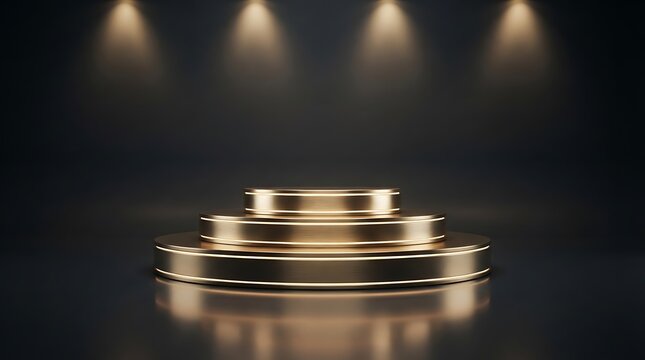 Empty golden tiered pedestal stage illuminated by spotlights for product display on a dark background