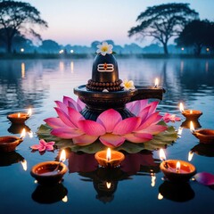 Obraz premium Stone Shivling rests on pink lotus flower floating in dark water. Small oil lamps glow around sacred Hindu symbol at sunrise. Morning mist rises above lake surface as calm atmosphere surrounds