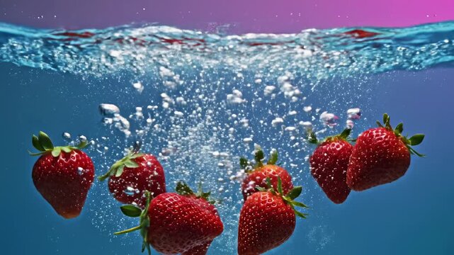 Fresh red strawberries splashing into clear blue water with bubbles, vibrant colors, refreshing summer concept