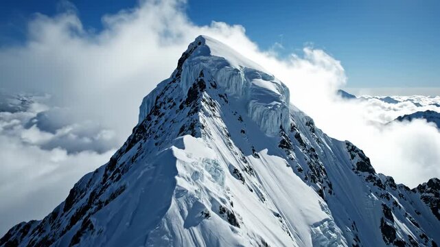 Majestic snow-capped mountain peak piercing through clouds, dramatic icy slopes, clear blue sky, symbolizing achievement and adventure