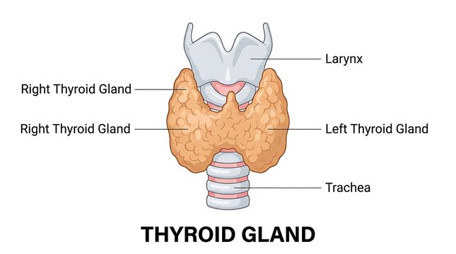 Medical illustration of the human thyroid gland and surrounding anatomy